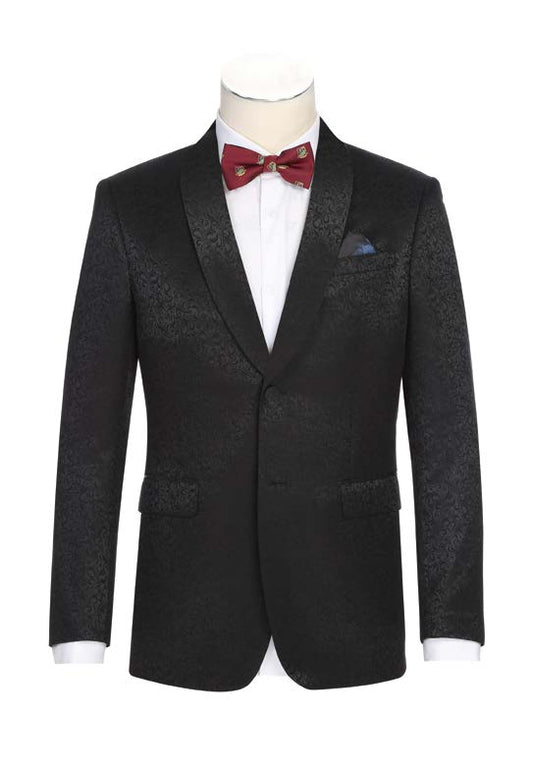 Patterned Slim Fit Tuxedo Jacket w/ Fabric Shawl Black