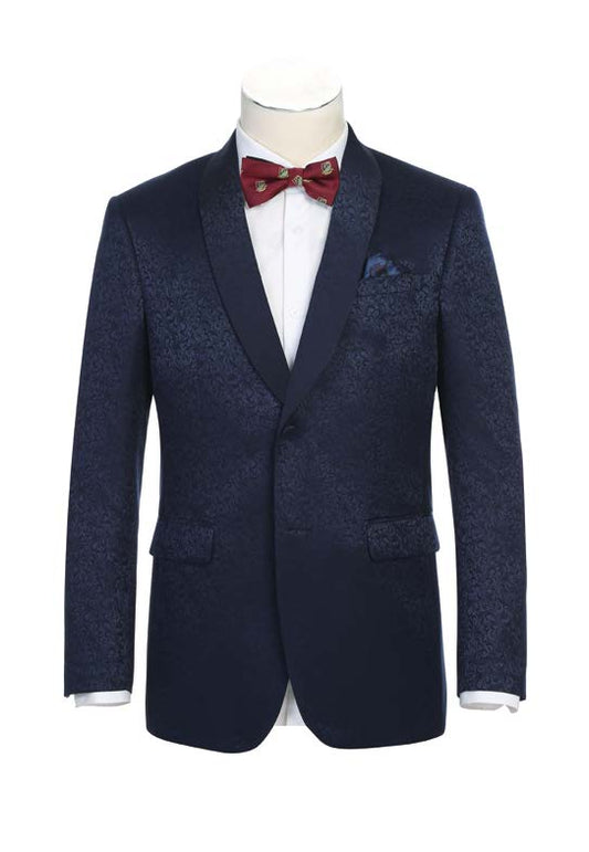 Patterned Slim Fit Tuxedo Jacket w/ Fabric Shawl Navy